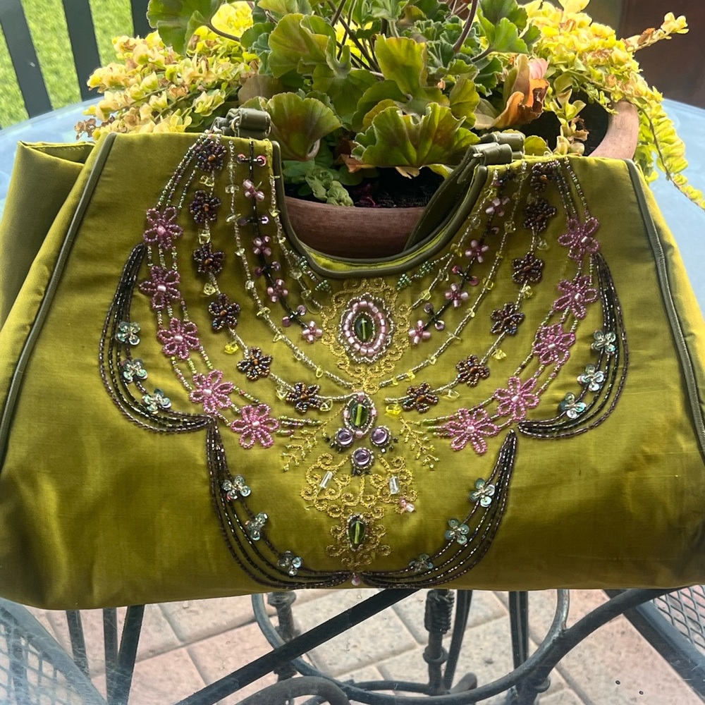 Moyna Green Velvet Shoulder Bag with Beaded Embellishments